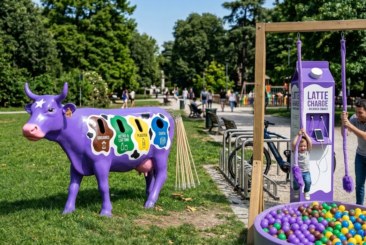 Scultura Linda: Mucca Viola con 4 fessure differenziata e Cartone del Latte Viola alle rastrelliere